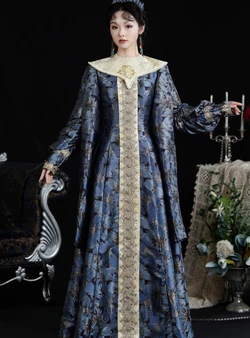 Blue Print Long Sleeve Palace Vintage Dress
