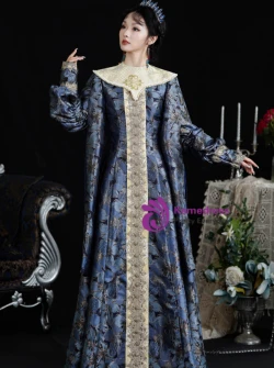 Blue Print Long Sleeve Palace Vintage Dress