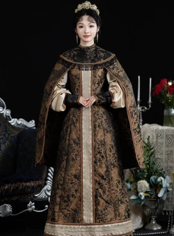 Coffee Print Long Sleeve Vintage Gown Dress
