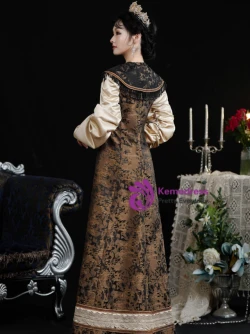 Coffee Print Long Sleeve Vintage Gown Dress