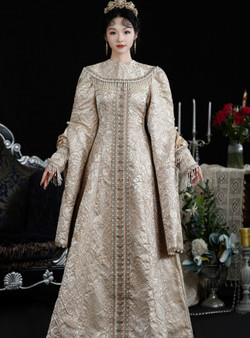 Champagne Long Sleeve Print French Retro Court Vintage Dress