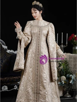 Champagne Long Sleeve Print French Retro Court Vintage Dress