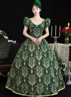 Green V-neck Puff Sleeve Vintage Dress