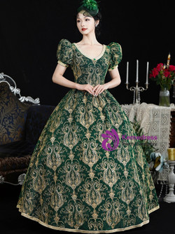 Green V-neck Puff Sleeve Vintage Dress