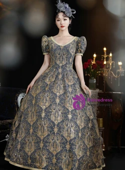 Gray V-neck Puff Sleeve Baroque Victorian Dress