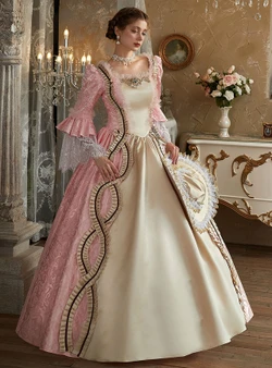 Pink Square Neck Long Sleeve Vintage Dress
