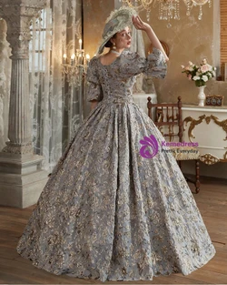 Gray Print Puff Sleeve Retro Vintage Dress