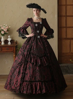 Burgundy Long Sleeve Lace Palace Vintage Dress