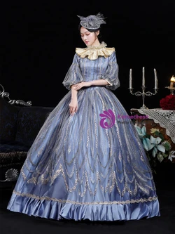 Blue Lace Puff Sleeve Vintage Dress