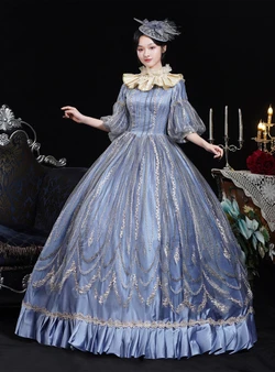Blue Lace Puff Sleeve Vintage Dress