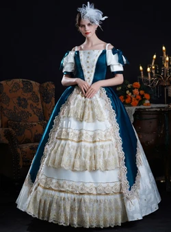 Blue Satin Lace Short Sleeve Vintage Dress