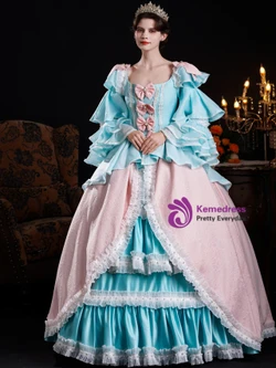 Blue Pink Satin Long Sleeve Bow Vintage Dress