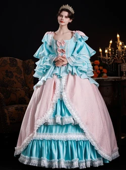 Blue Pink Satin Long Sleeve Bow Vintage Dress