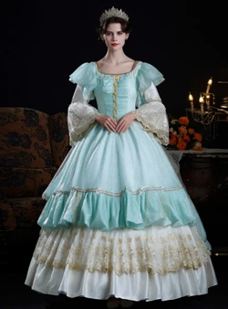 Blue Long Sleeve Lace Baroque Vintage Dress