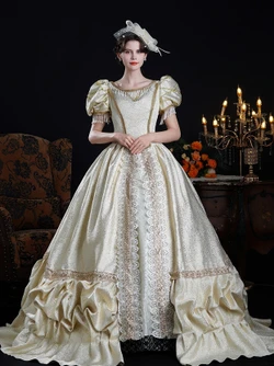 Champagne Puff Sleeve Beading Vintage Dress