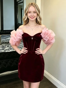 Burgundy Velvet Off the Shoulder Homecoming Dress