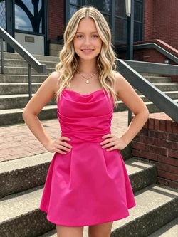 Hot Pink Satin Spaghetti Straps Pleats Homecoming Dress