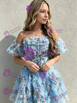 Blue Tulle Print Off the Shoulder Homecoming Dress