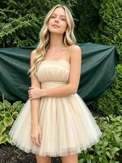 Champagne Tulle Spaghetti Straps Pleats Homecoming Dress