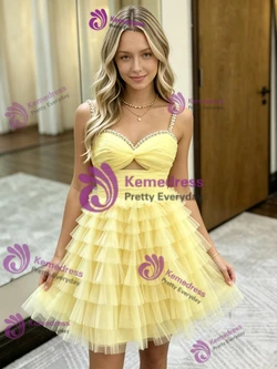 Yellow Tulle Straps Tiers Homecoming Dress