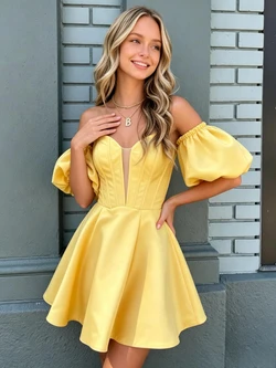 Yellow Satin Off the Shoulder Puff Sleeve Homecoming Dress