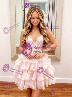 Pink Tulle Spaghetti Straps Appliques Homecoming Dress