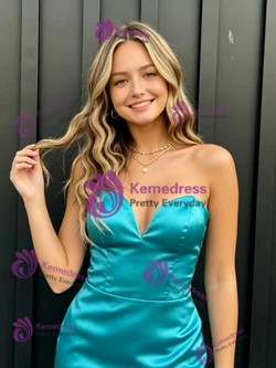 Blue Satin Strapless Homecoming Dress