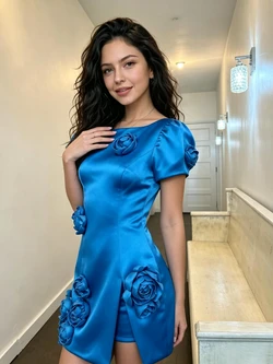 Royal Blue Short Sleeve Flower Homecoming Dress