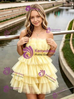 Yellow Tulle Strapless Tiers Homecoming Dress