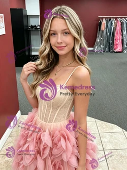 Pink Tulle Straps Flower Homecoming Dress