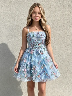 Blue Tule Spaghetti Sraps Print Homecoming Dress