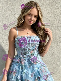 Blue Tule Spaghetti Sraps Print Homecoming Dress