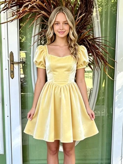 Yellow Velvet Short Sleeve Homecoming Dress