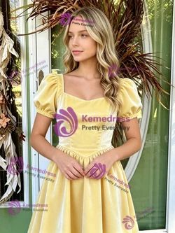Yellow Velvet Short Sleeve Homecoming Dress