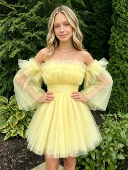 Yellow Tulle Off the Shoulder Homecoming Dress