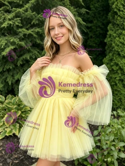 Yellow Tulle Off the Shoulder Homecoming Dress