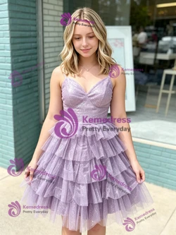 Purple Tulle Straps Tiers Homecoming Dress