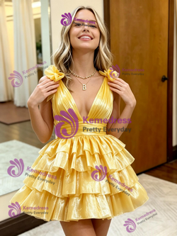 Yellow V-neck Pleats Homecoming Dress