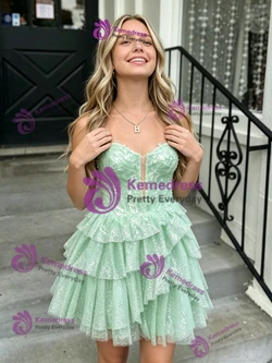 Green Tulle Sequins Tiers Homecoming Dress