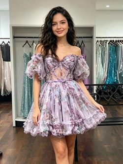 Purple Tulle Puff Sleeve Print Homecoming Dress