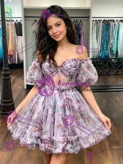 Purple Tulle Puff Sleeve Print Homecoming Dress