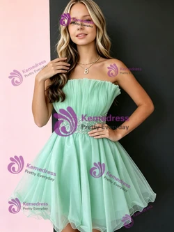 Green Tulle Strapless Beading Homecoming Dress