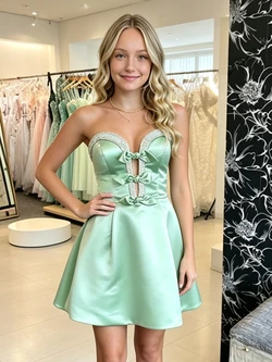 Green Satin Strapless Bow Homecoming Dress