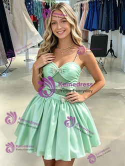 Green Satin Spaghetti Straps Bow Homecoming Dress