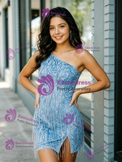 Blue Sequins One Shoulder Tassel Homecoming Dress