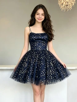Navy Blue Tulle Straps Homecoming Dress