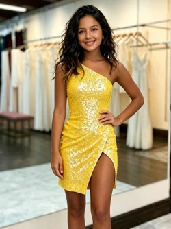 Yellow Sequins One Shoulder Homecoming Dress
