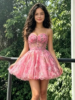 Pink Tulle Print Spaghetti Straps Homecoming Dress