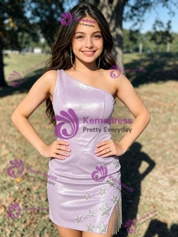 Purple One Shoulder Beading Homecoming Dress