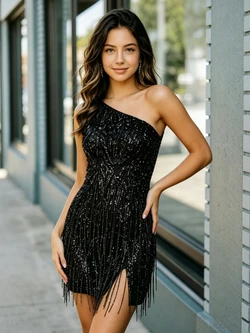 Black Sequins One Shoulder Beading Homecoming Dress
